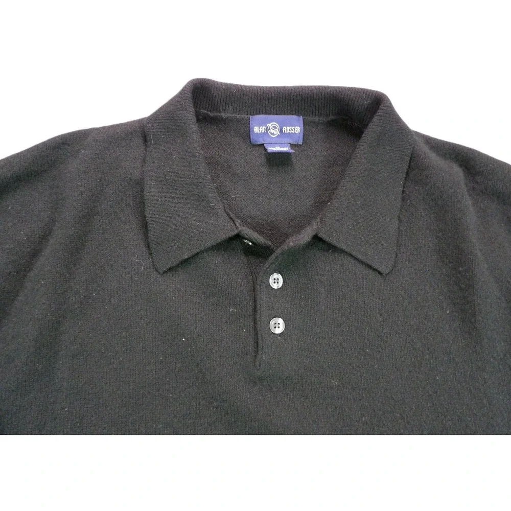 Alan Flusser Cashmere Polo Sweater Men XL Black Long Sleeve Button Neck Knit Top